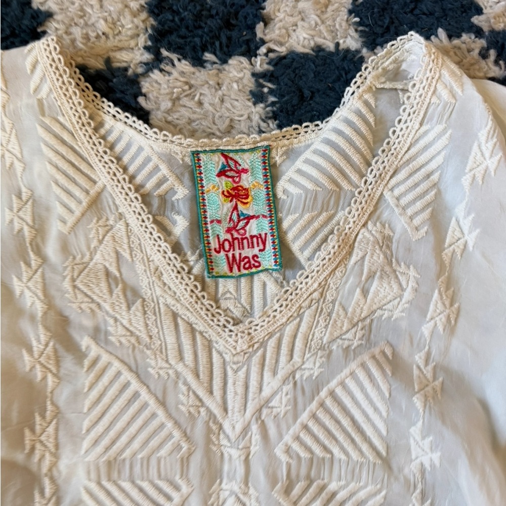 Johnny Was Sheer Embroidered Crochet Tunic Blouse Cream Ivory lace - Picture 2 of 4